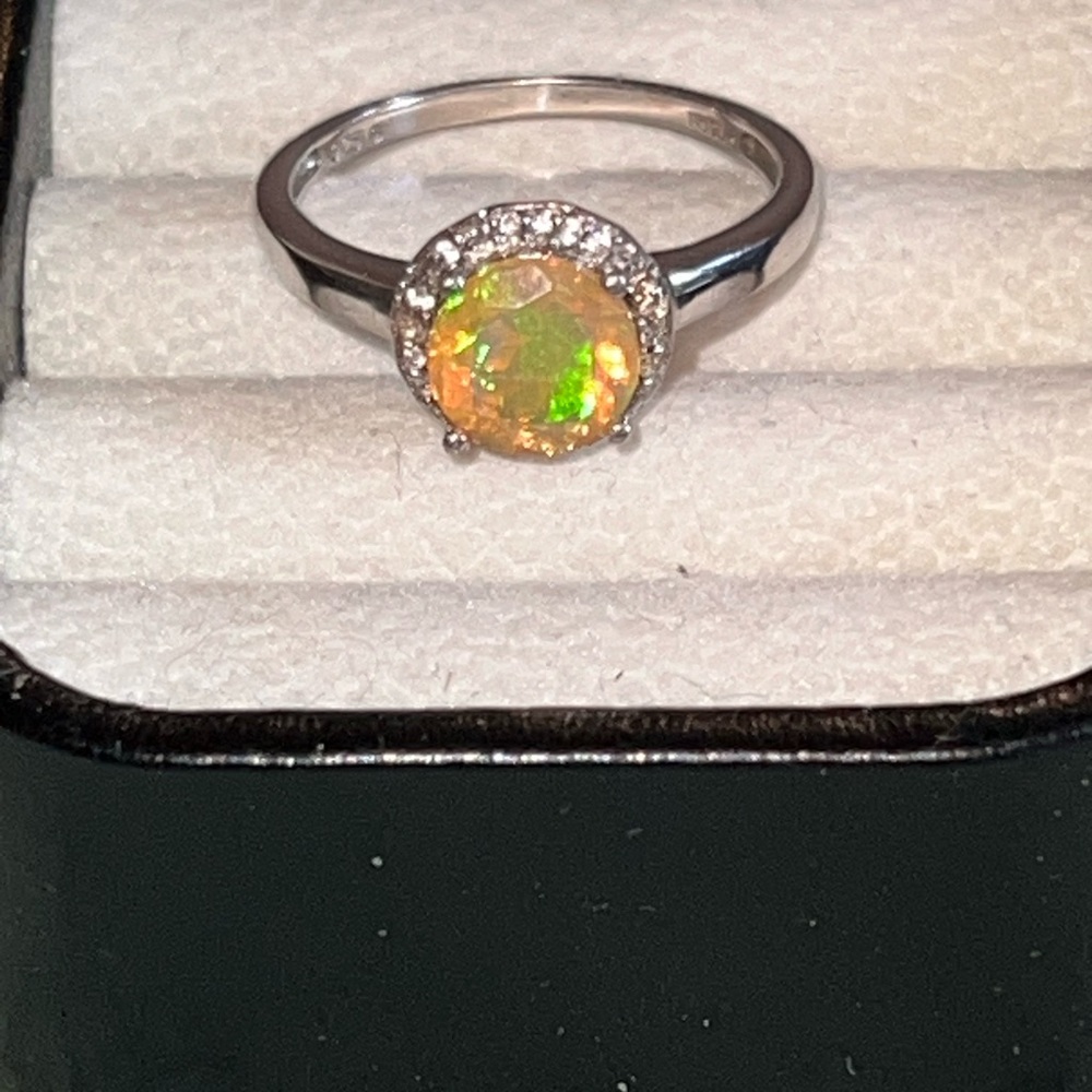 925 Sterling Faceted Ethiopian Welo Opal Surrounded By White Zircons Size 10